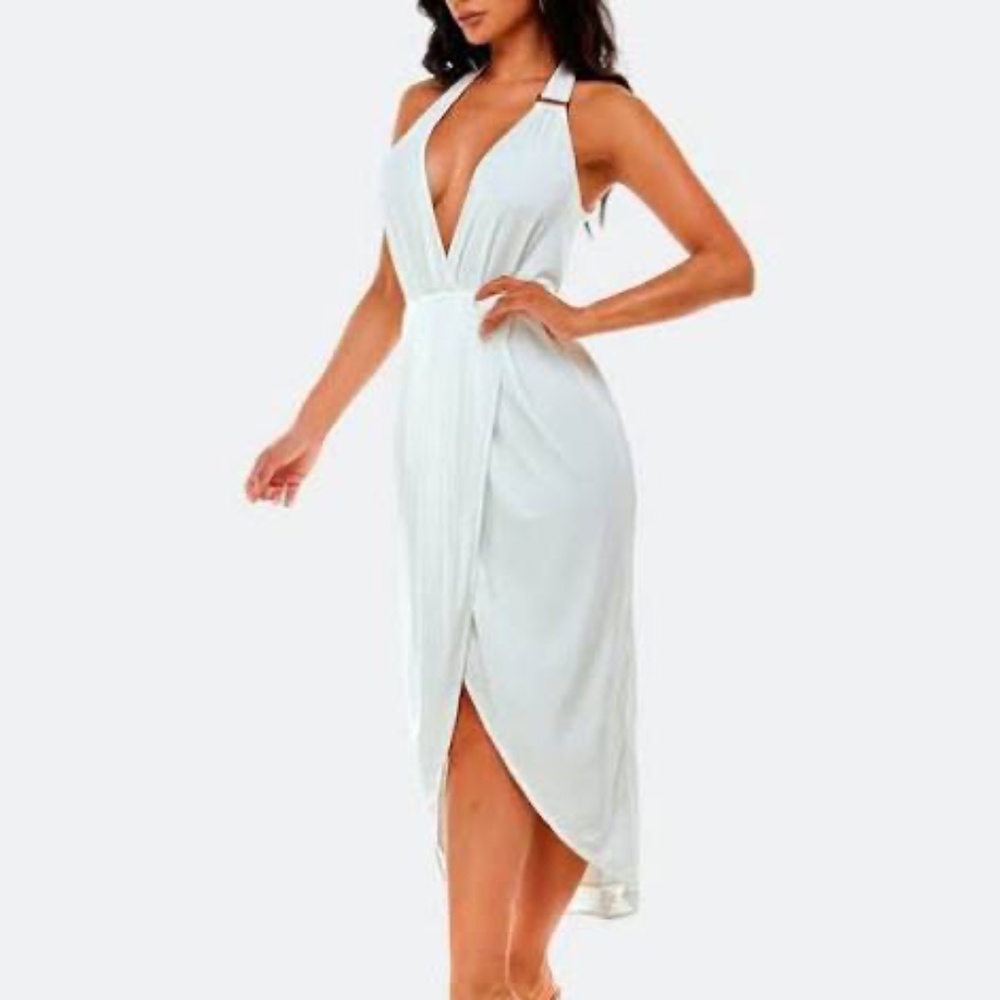 Bebe Women's Asymmetrical Halter Neck Slinky Maxi Dress NWT